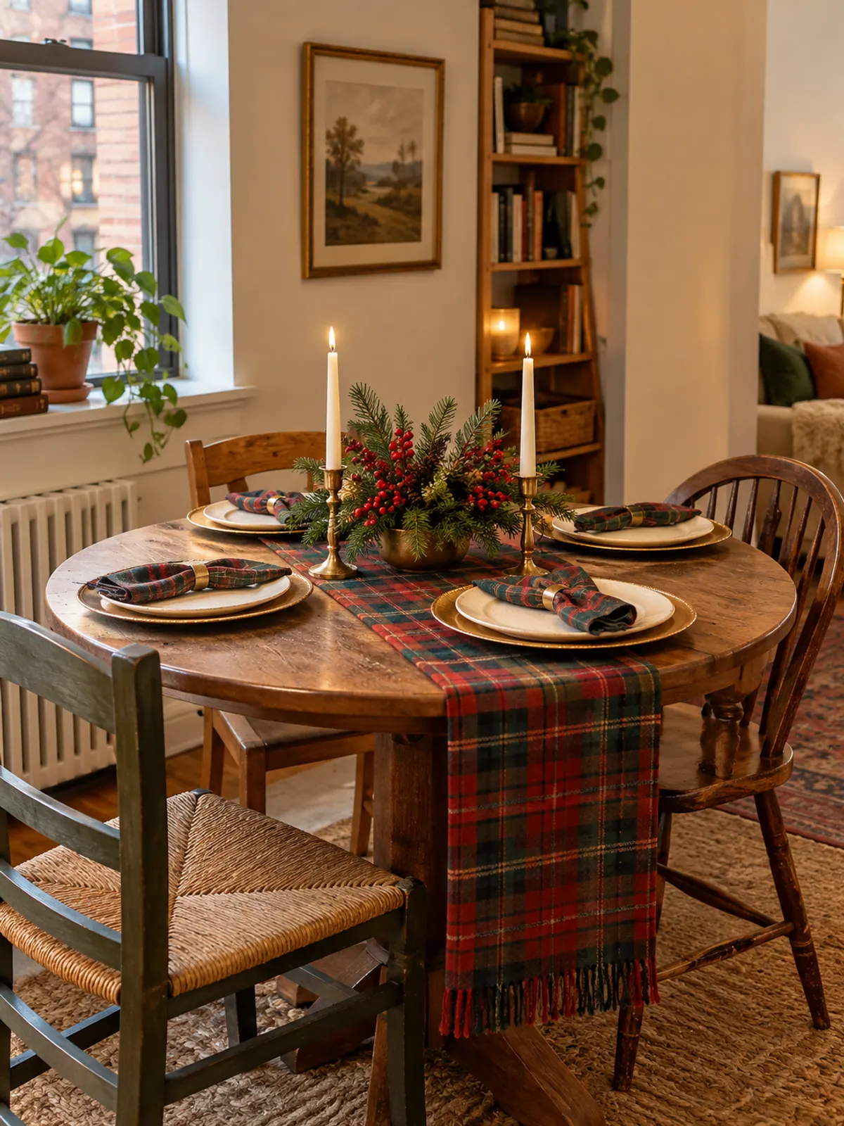 Small round wooden table set for four with a red and green tartan runner, gold-rimmed chargers, plaid napkins and brass candlesticks