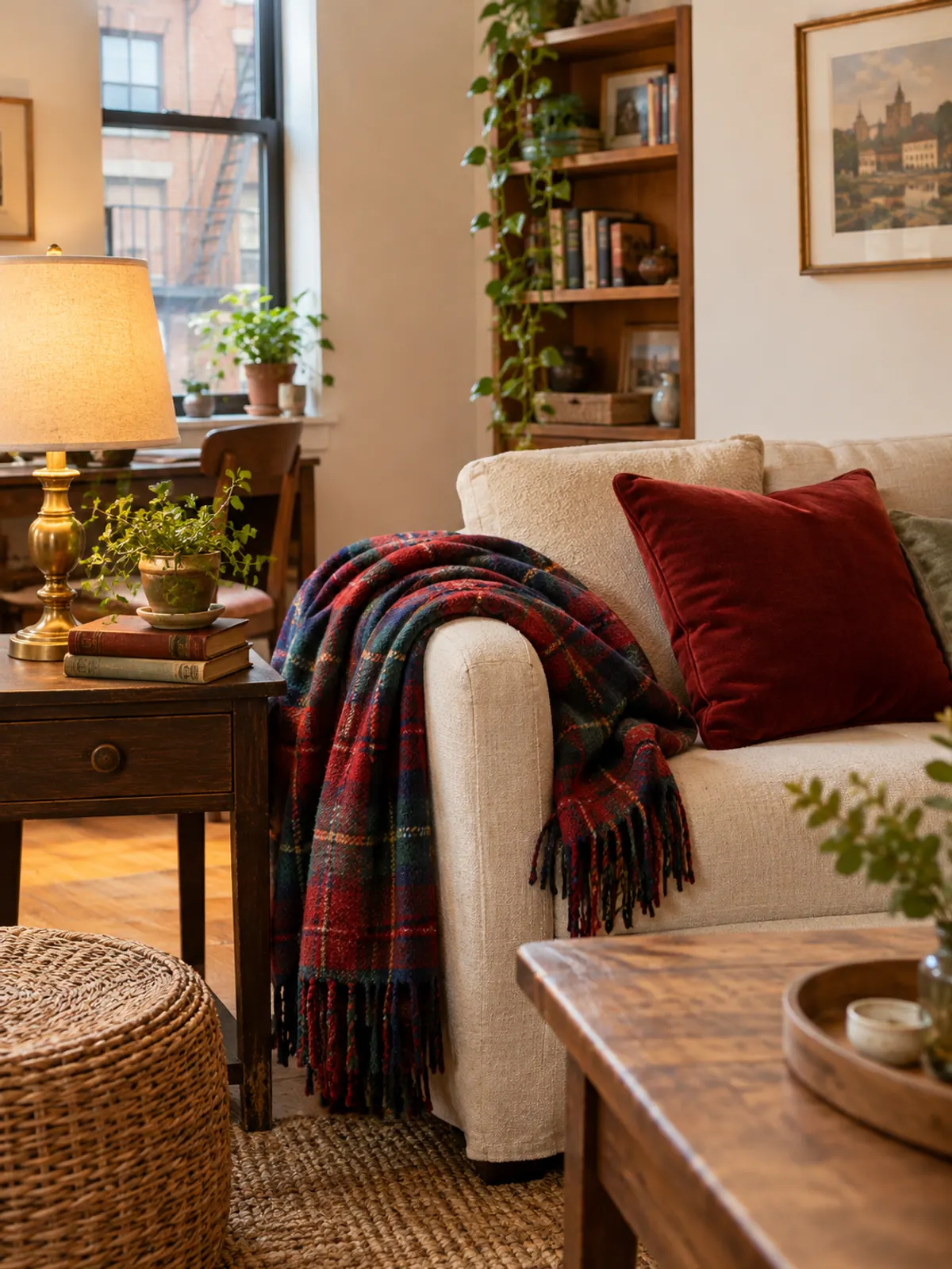 Red, hunter green and navy tartan throw draped over the arm of a compact cream sofa with a red velvet pillow and a brass lamp on a dark wood side table