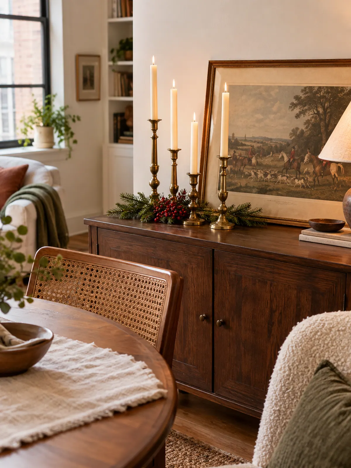 Thrifted brass candlesticks of different heights with cream taper candles, fir sprigs and red berries on a dark wood sideboard below a leaning landscape print