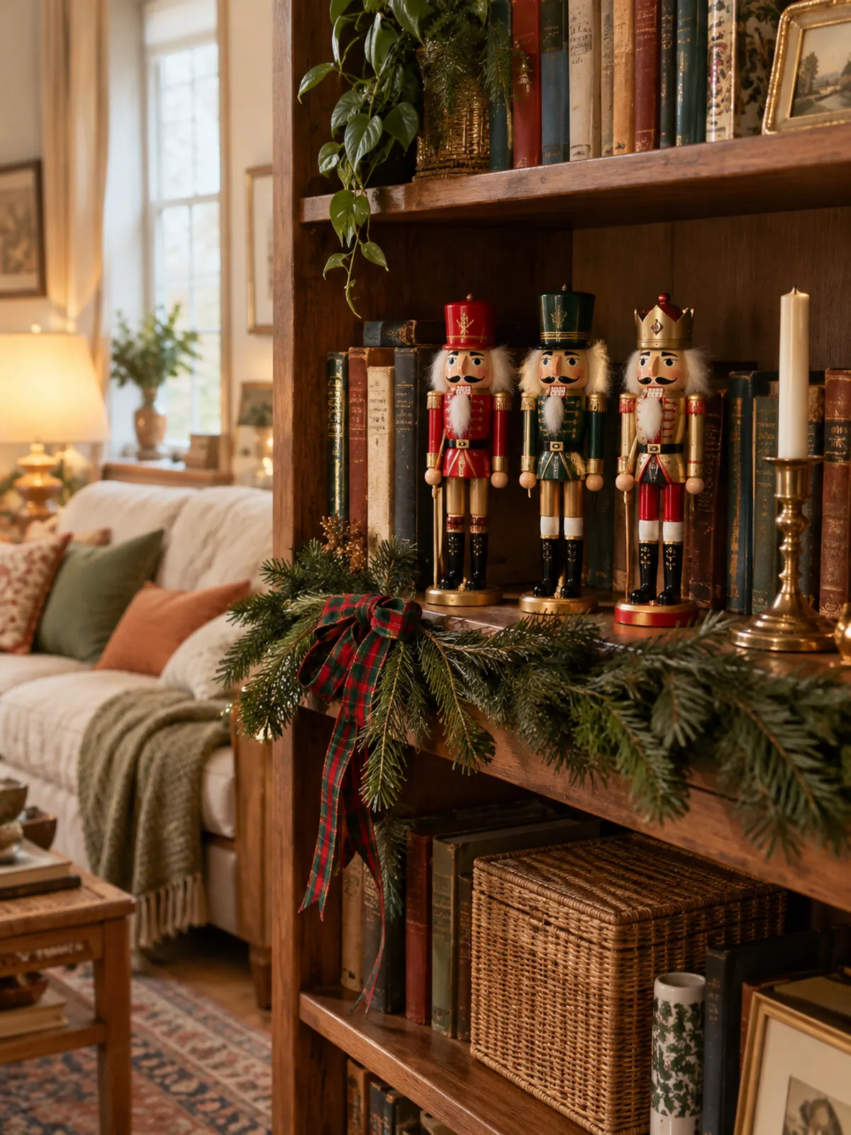 Three traditional wooden nutcrackers in red, hunter green and gold standing between old hardcover books on a bookshelf with fir garland and tartan ribbon