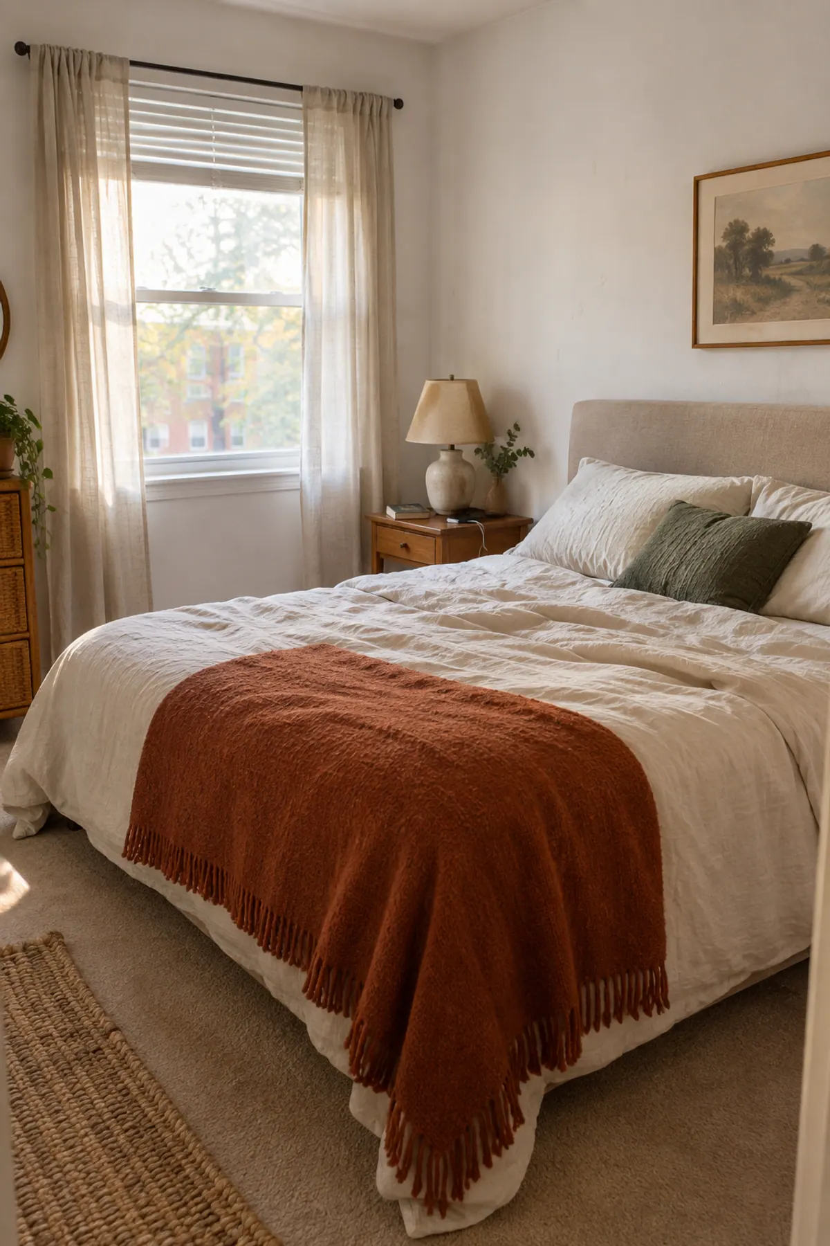 Small bedroom ideas in a real rental: a queen bed with a linen upholstered headboard, rumpled cream duvet, rust wool blanket and a narrow wooden nightstand against plain white walls