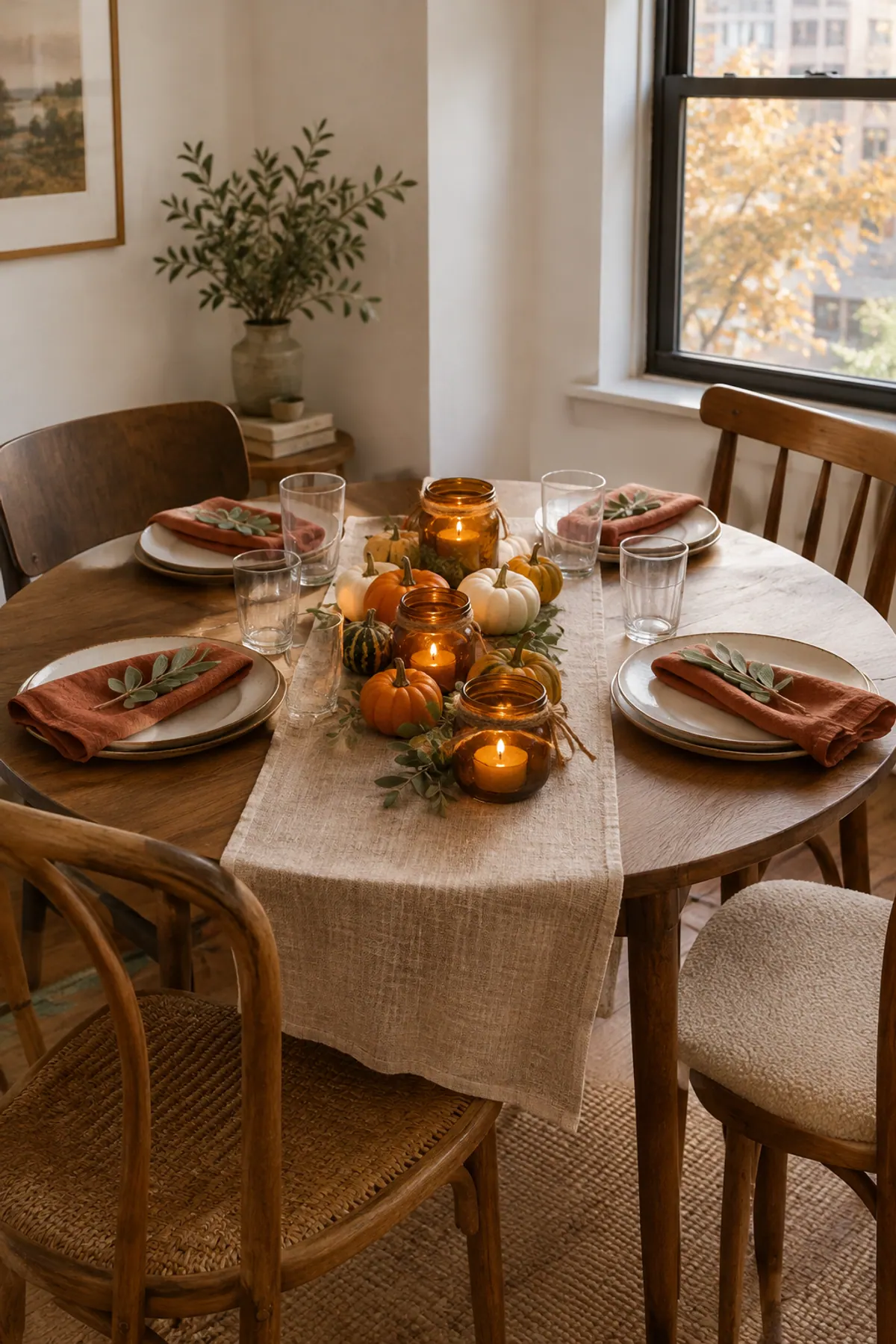 Thanksgiving table decorations on a small round wooden table for four: a linen runner, a low row of mini pumpkins and gourds, twine-wrapped jar votives and rust napkins tucked with fresh sage
