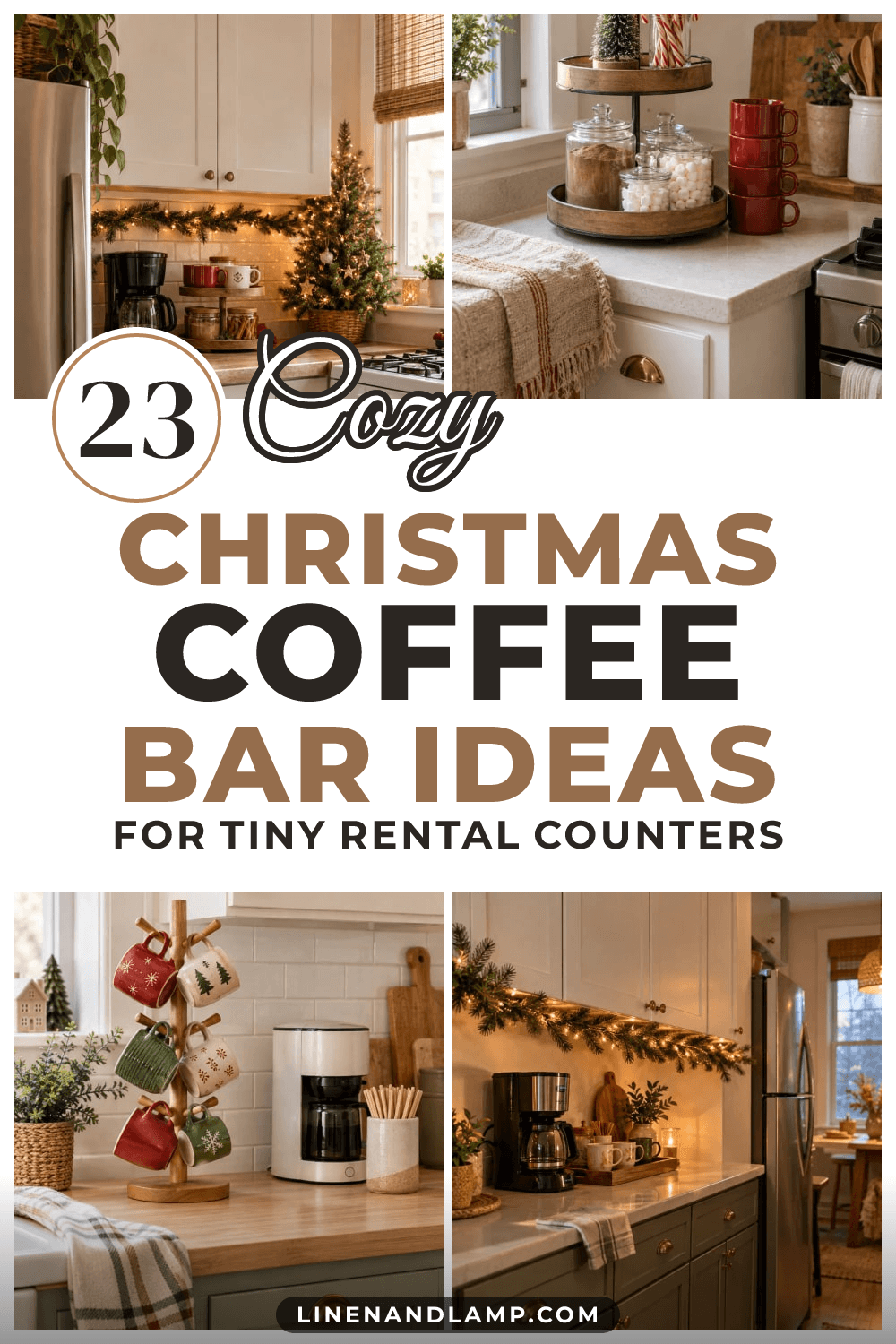 Collage of Christmas coffee bars on small kitchen counters: a coffee maker by a lit tabletop tree, a tiered tray with cocoa jars, a wooden mug tree and garland under white cabinets