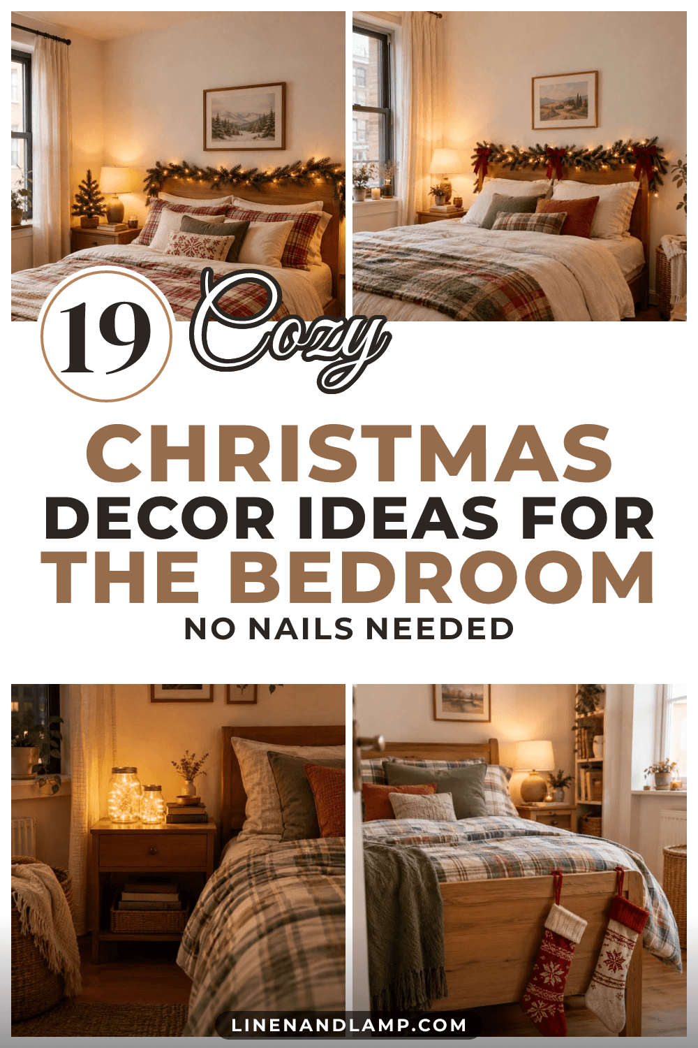 Collage of cozy Christmas bedroom decor in a small apartment: a plaid bed with a lit garland on the headboard, fairy lights in jars on a nightstand and knit stockings on a footboard
