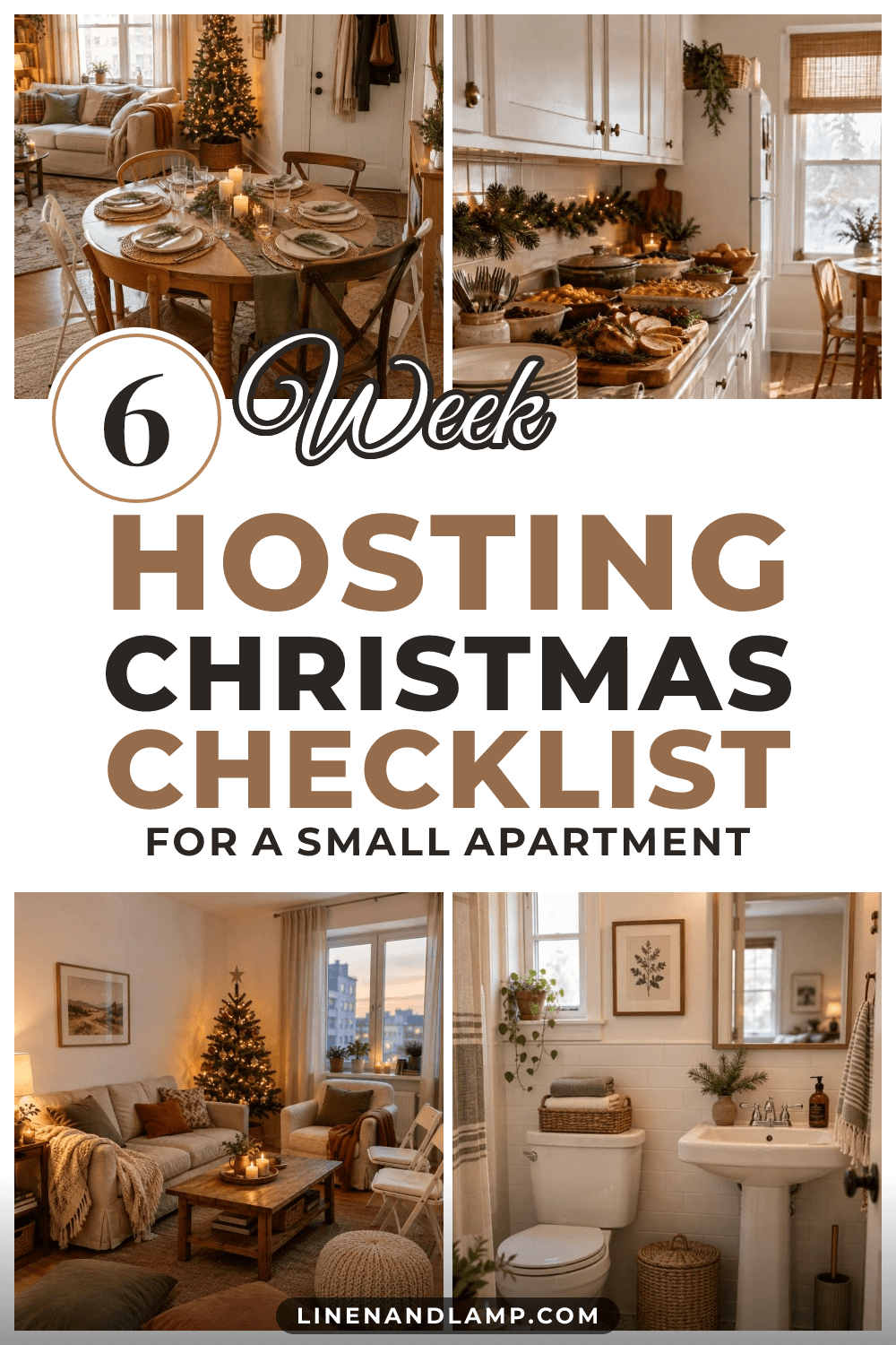 Collage of a small apartment ready for Christmas guests: a set dining table by a lit tree, a buffet on the kitchen counter, a living room seating plan and a tidy guest bathroom