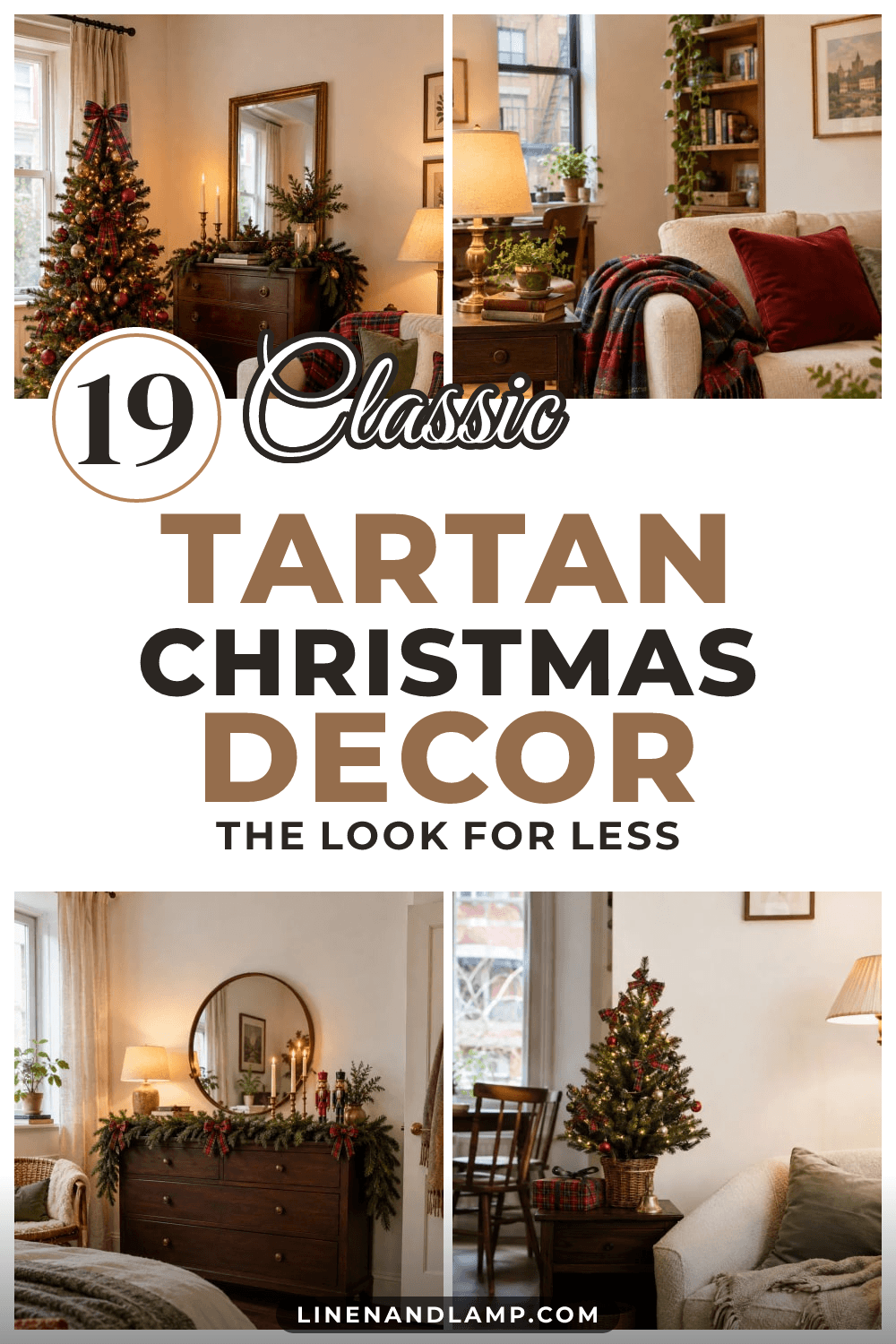 Collage of classic tartan Christmas decor in a small apartment: a lit tree, a tartan throw on a sofa, a dresser with fir garland and a tabletop tree with tartan bows